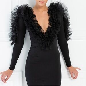 Kiki Riki fun! Black ruffle tulle long sleeve black mini dress!